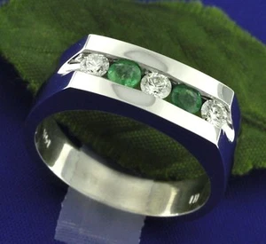 0,58 ct 14k massives Weißgold Herren Diamant kolumbianischer Smaragd Ring Kanal Set - Bild 1 von 5