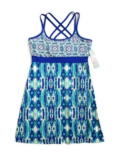 Abito Lola Medium Nuovo Con Etichetta Athletic Blu Ikat Geometrico Impero Spalline Reggiseno Integrato M - Foto 1 di 6