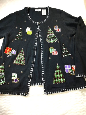 Cárdigan Ciervo Blanco Para Mujer L Negro Navidad Suéter Adornado Árboles/Regalos Foto 1 de 4