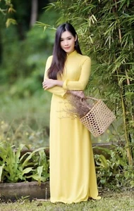 Yellow Ao Dai Vietnamese Lua My Silk Long Dress with Pants G94 - Picture 1 of 2