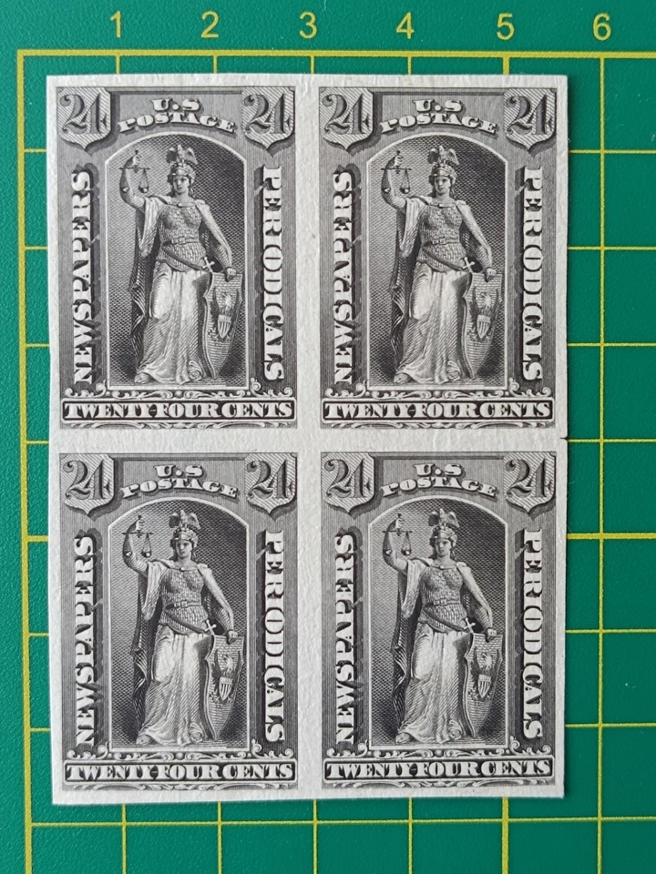 US stamps, PROOF Newspapers stamps, Plate of 24c, Trial Color PROOF on India - Image 1 of 4