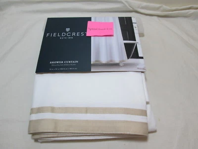 New Fieldcrest Fabric Shower Curtain 72"x72" WHITE/SEA SALT Beige RIBBON BORDER - Image 1 of 4