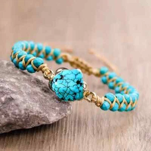 Natural Turquoise Stone Bracelet Blue Gemstone Braided Bracelet for Inner Peace - Picture 1 of 4