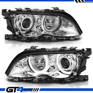 02-05 BMW E46 3-Series 4 Door Dual LED Halo Projector Chrome Headlights Pair - Picture 1 of 6
