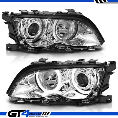 02-05 BMW E46 3-Series 4 Door Dual LED Halo Projector Chrome Headlights Pair - Image 1 of 4