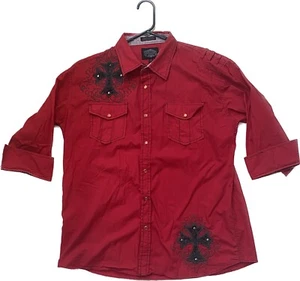 Montero Jeans Shirt Mens XL Red Western Style Rodeo Cuff 3/4 Sleeve Crosses - Picture 1 of 8