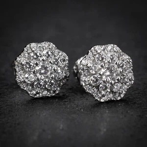 Hip Hop Iced Cz White Gold Sterling Silver Flower Cluster Hip Hop Stud Earrings - Picture 1 of 5
