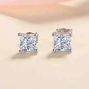 1 Ct Princess Solitaire Stud Earrings Lab-Created Diamond 14K White Gold Plated - Picture 1 of 8