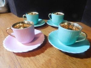 4 Czechoslovakia Demitasse Cups and Saucers  Pastel Green Pink Gold Interior - Picture 1 of 8
