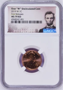 2019 W First "W" Uncirculated Cent First Releases NGC MS70 RD Portrait Label - Picture 1 of 2