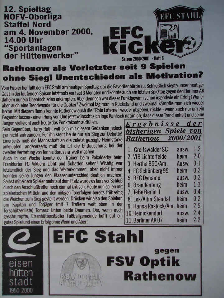 Programm 2000/01 Eisenhüttenstädter FC Stahl - Optik Rathenow - Bild 1 von 1