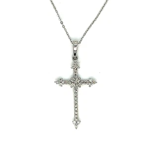 14K White Gold Diamond Cross Pendant with Chain-Length 16"+2 - Picture 1 of 6