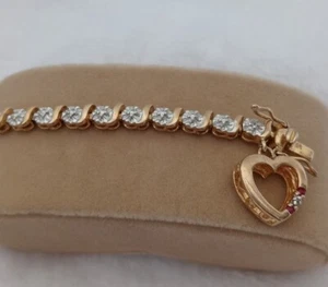 Sterling Silver Rhinestone Tennis Bracelet Heart Dangle Charm Gold Plated - Picture 1 of 11