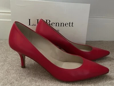LK Bennett Florida closed toe raspberry kid leather shoes with matching clutch. - Image 1 of 4