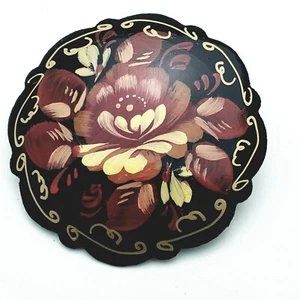Large Flowers Traditional Hand Painted Lacquered Brooch Folk Art Handmade Pin - Picture 1 of 2