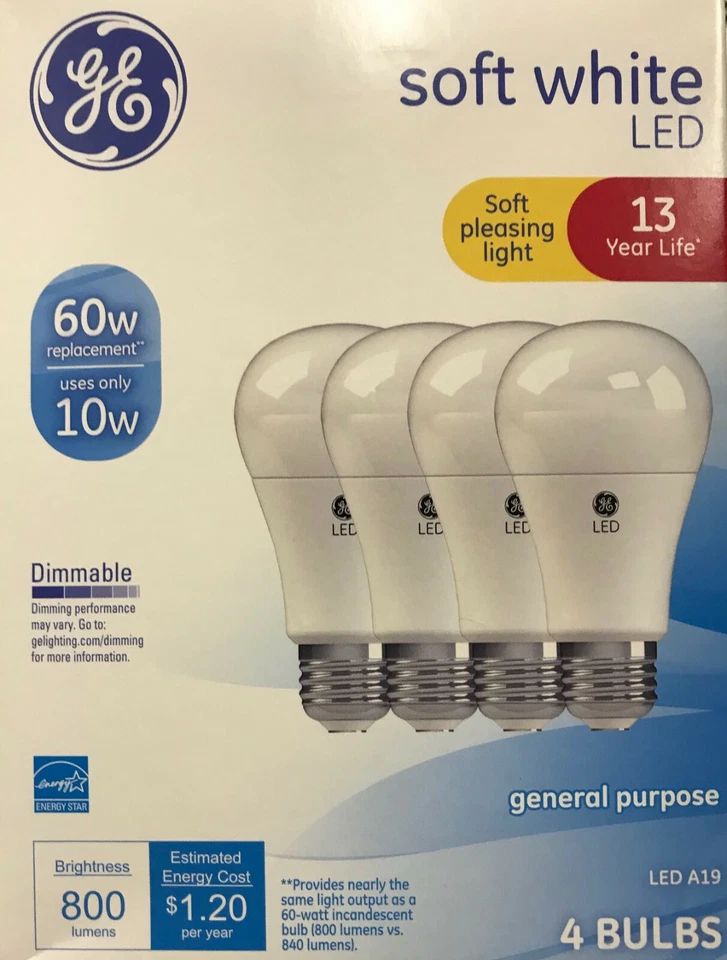 4 GE 60-Watt A19 Frosted White LED Light Bulbs - 800 Lumens - NEW - Image 1 of 1
