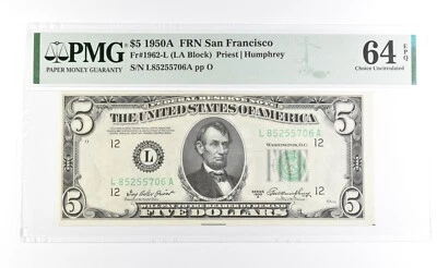 PMG 64 Unc EPQ 1950 A $5 San Francisco, CA US FRN Green Seal Fr#1962-L *1036 - Image 1 of 3