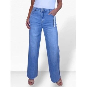 Ladies Stretch Denim Jeans High Waisted Pale Blue Wide Leg Crinkle Effect 10-20 - Picture 1 of 13
