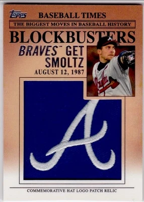 JOHN SMOLTZ Atlanta Braves RARE JERSEY PATCH HAT LOGO Topps $$ Baseball Card HOF - Image 1 of 2