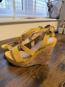 New Look Mustard Yellow Suede Cork Platform Wedge Sandals UK 3 EU 36 Summer - Picture 1 of 6