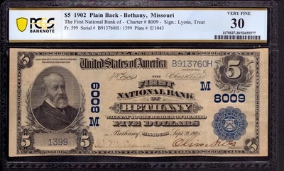 1902 $5 FIRST NATIONAL BANK NOTE CURRENCY BETHANY MISSOURI PCGS B VERY FINE 30 - Image 1 of 4