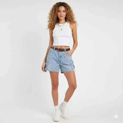 Vintage Lee Riveted Denim Shorts Womens 16P Blue High Rise Cargo Utility Classic - Image 1 of 4