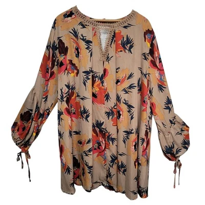 Umgee Brown Floral Long Sleeve Boho Mini Dress Size 2X - Image 1 of 4