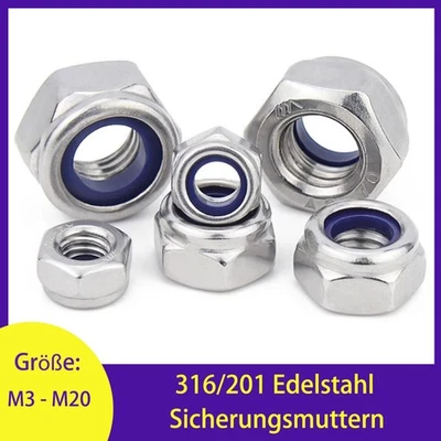 M3 M4 M5 M6 M8 - M20 Edelstahl 316/201 Selbstsichernde Muttern Sicherungsmutter - Bild 1 von 4