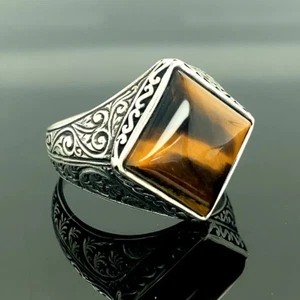 925 Sterling Silver Natural Princess Tiger's Eye Cabochon Vintage Ring For Men - Picture 1 of 4