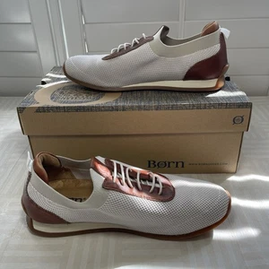Born Shoes Mens Size 9.5 M Barrett White & Brown Fabric & Leather Sneakers - Picture 1 of 7