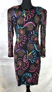 Vintage Black Silk Dress Size 8 Evening Cocktail Sequin Beaded Sheer Long Sleeve - Picture 1 of 11