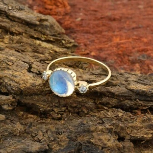 8mm Round Moonstone Bezel Set Ring 14k Yellow Gold Diamond Accent Ring For Women - Picture 1 of 12