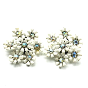 CORO White Floral Bouquet Earrings Silver Tone Aurora Borealis Centers Clip On - Picture 1 of 10