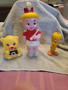3 Vintage Rubber Squeeze/Squeak toy. Drum Major, Teddy, Tweety Bird!