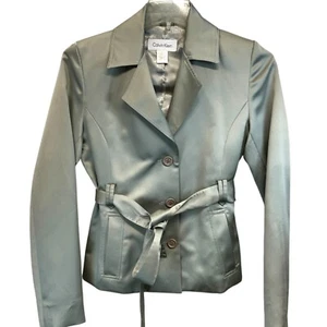 S Calvin Klein jacket 3 bttn belted silver gray Taupe collar business casual new - Picture 1 of 14