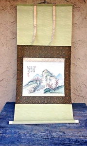 ANTIQUE WASHI RICE PAPER + SILK SCROLL JAPAN WATERCOLOR FINE ART PAINTING - Picture 1 of 12