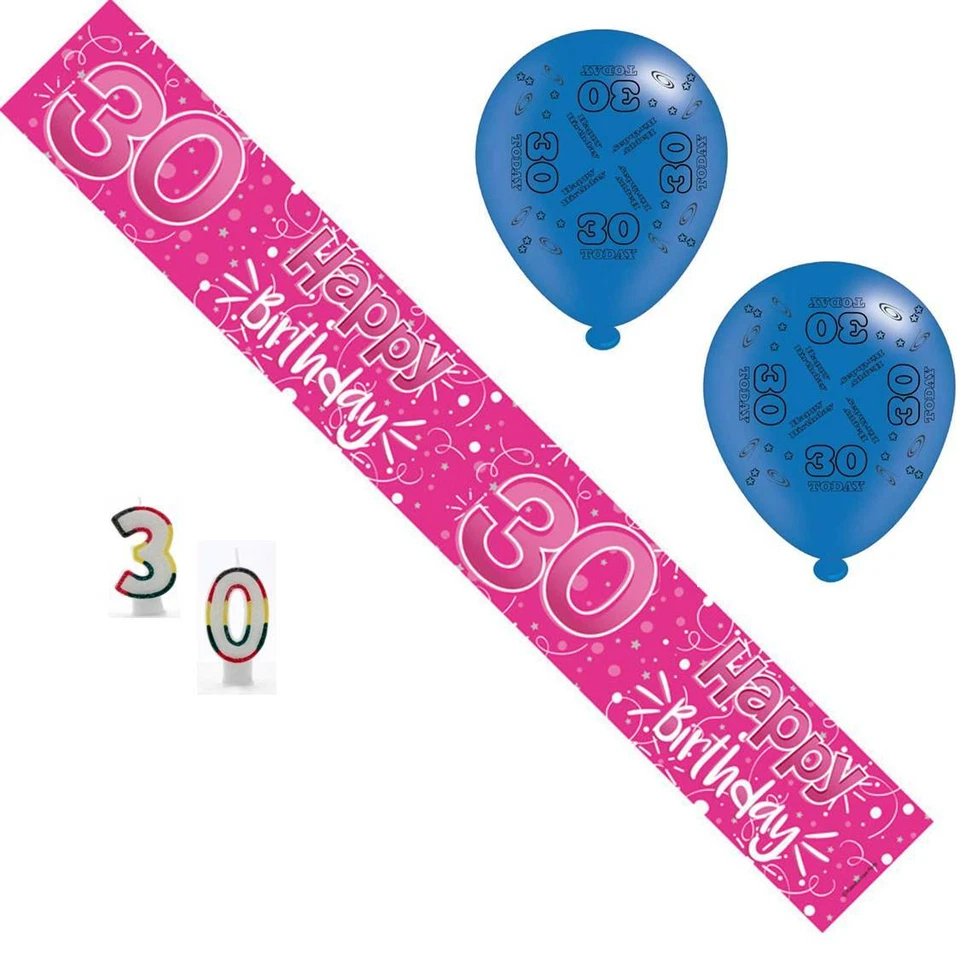 Age 30 Female Birthday Party Pack - 30th Banner, Balloons, Number Candles — 第 1/1 张图片