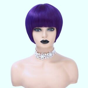 Sexy Purple Wigs With Bangs Human Hair Short Straight Wig No Lace Soft For Women