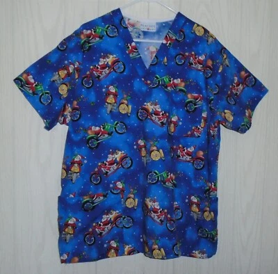 Blusa Médica Melocotones Papá Noel Motocicleta Chopper Enfermera 3 Bolsillos Azul Grande EuC Foto 1 de 4