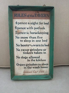 Vintage Regeln der Taverne gerahmte Holztafel Lemuel Cox Inn 7,5" x 12,25" - Bild 1 von 5