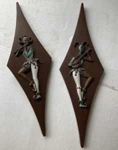 Targhe da parete vintage Burwood Products Arlecchino Jester - set di 2 stile metà secolo - Foto 1 di 9