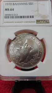 1970 BAHAMAS, SILVER Dollar Conch Shell -- MS 64 nice and beautiful NGC - Picture 1 of 3