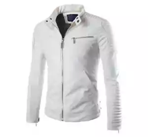 Weiche Lammleder weiße Lederjacke für Männer Leder Bikerjacke Geschenk für Herren - Bild 1 von 4