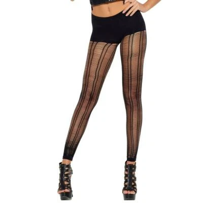 Slashed Footless Pantyhose Cut Out Double Striped Crochet Net Black 12112 - Image 1 of 3