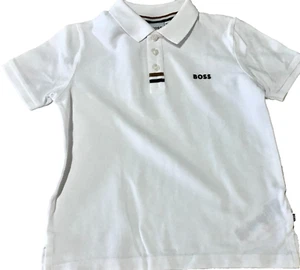 BOSS BOYS SZ. 6 WHITE S/S COLLAR POLO NECK BUTTONS ACCENT STRIPE /LOGO - Picture 1 of 3