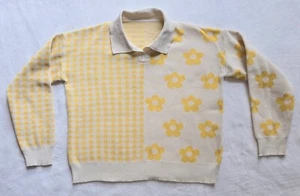 SÜSS!! Crop Herbst Herbst Winter gelber Pullover mit Gänseblümchen kariert Damen Größe L - Bild 1 von 5