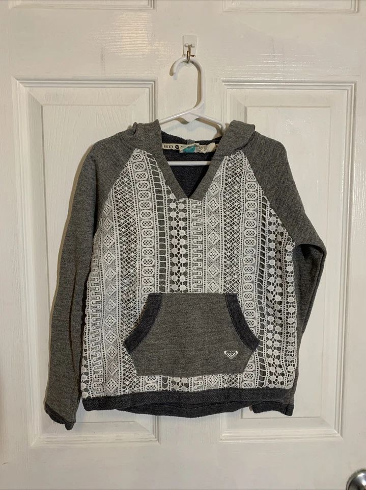 Sudadera con Capucha Roxy Teenie Gris Bolsillo Crochet California Niña Talla 6 Foto 1 de 2