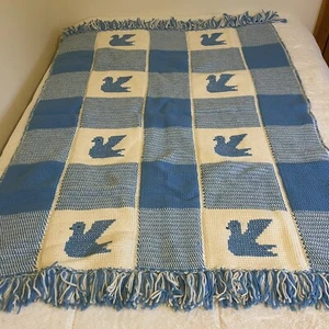Handmade Crocheted Granny Square Bird Afghan Throw Lap Blanket Blue Cream 46x64” - Picture 1 of 8