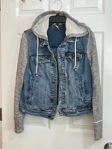 Free People Damen Jeansjacke grau Strickärmel Hoodie distressed Gr. M - Bild 1 von 13