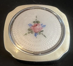 Floral Guilloche Enamel Silver Tone Compact - Picture 1 of 4